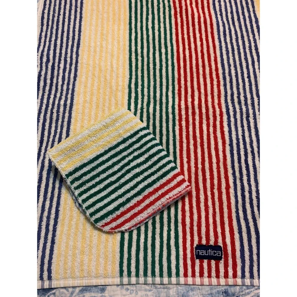 Nautica Pin Striped Bath Towel + Washcloth 100% Cotton Red Blue Yellow Green USA